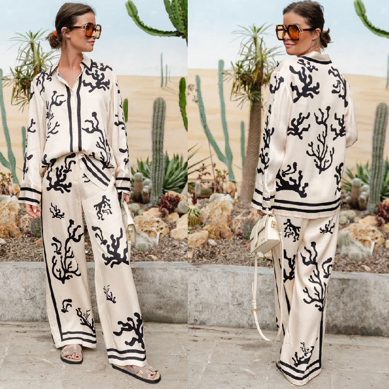 Multicolor Printing Satin Vacation Loose Two-piece Suits