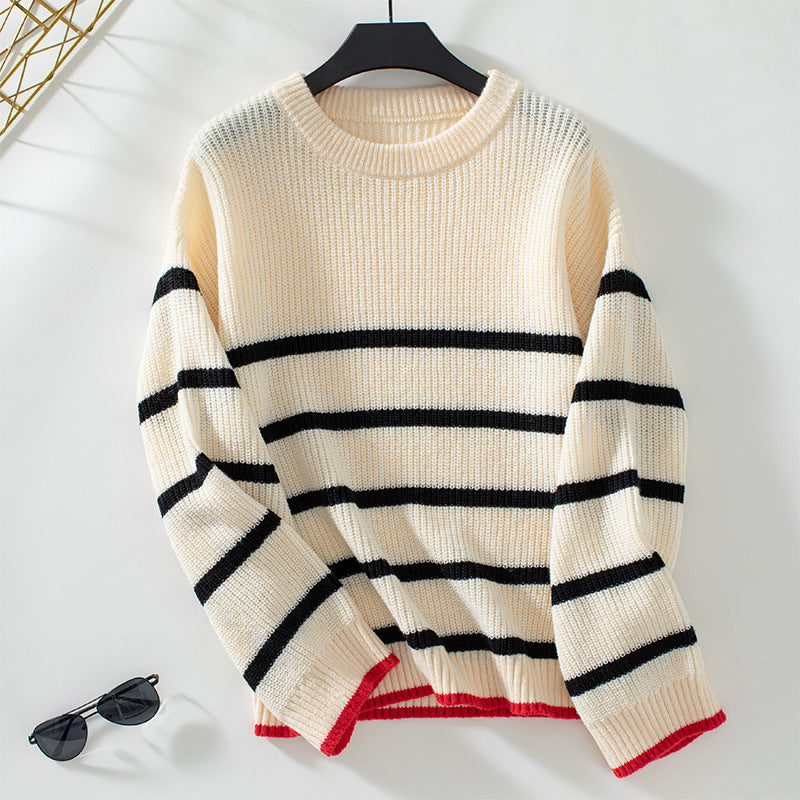 Women's Contrast Color Striped Pullover Casual Long-sleeved Sweater