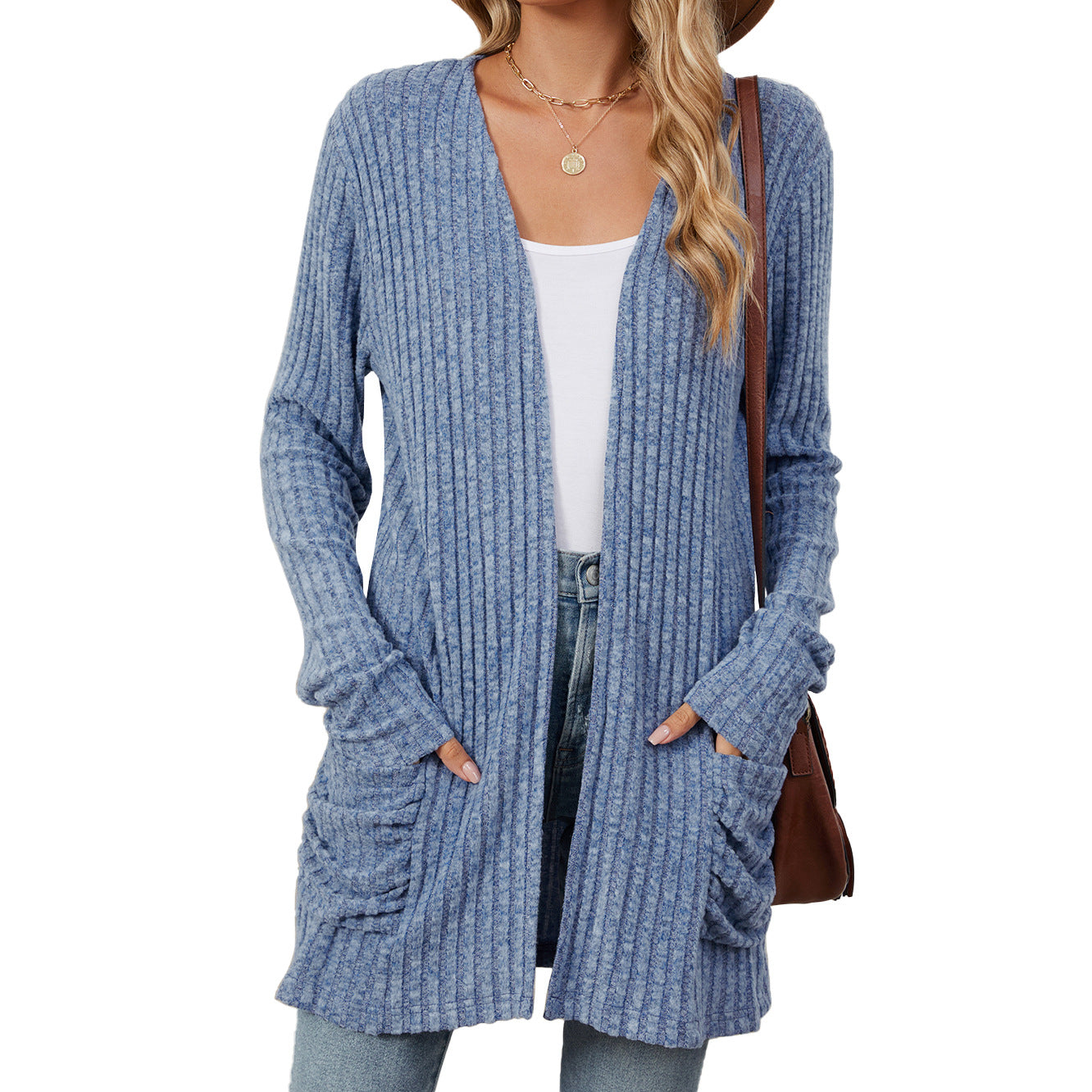 Solid Color Pocket Long Sleeve Bottoming Knitwear