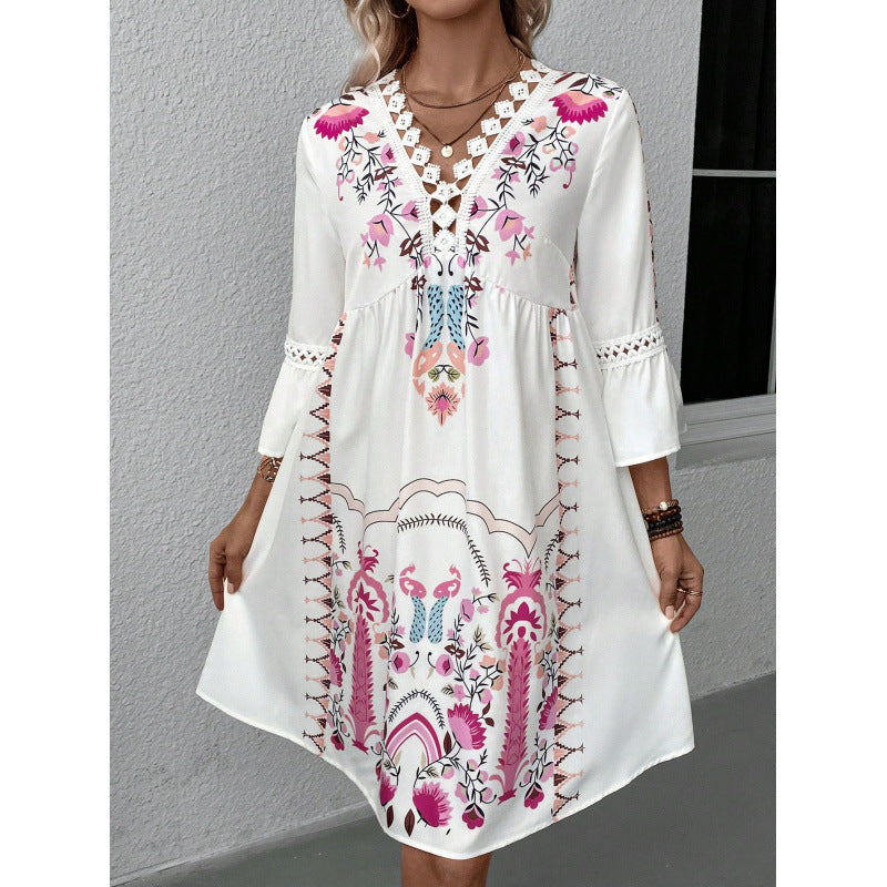 Women's Summer Lace Stitching Casual Printed Dress Dresses