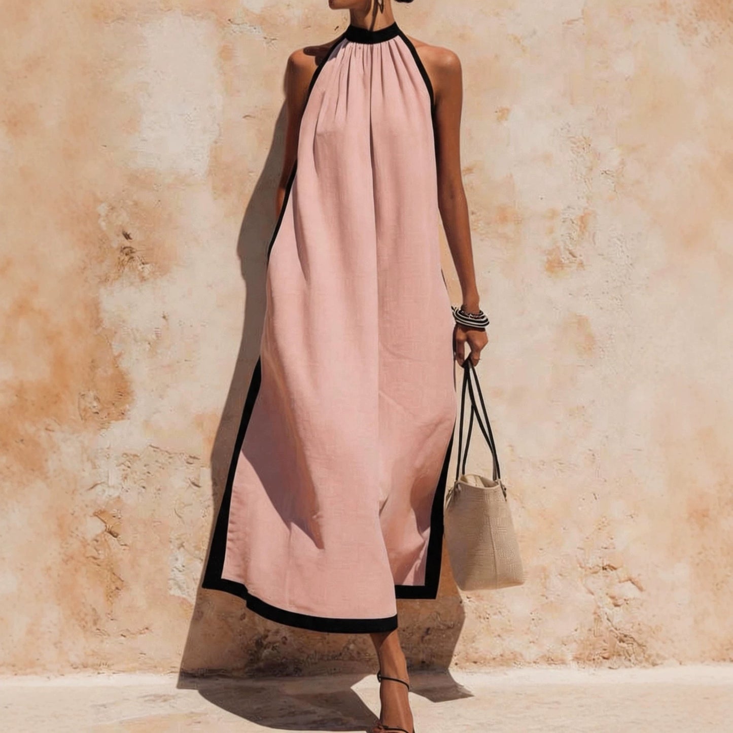 Women's Vacation Style Idle Travel Cotton Linen Contrast Dress