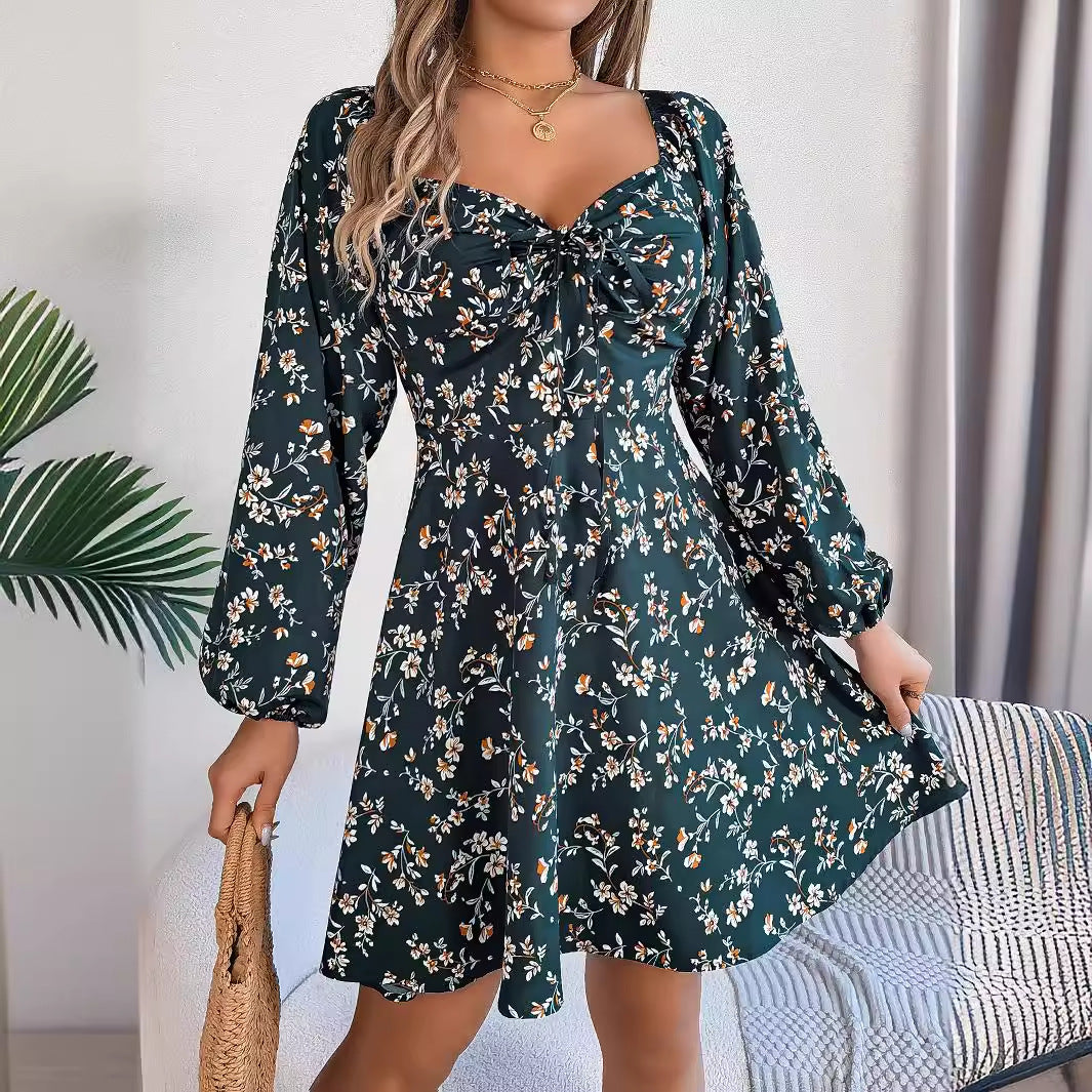 Women's Sexy Lacing Square Collar Floral Print Long Dress