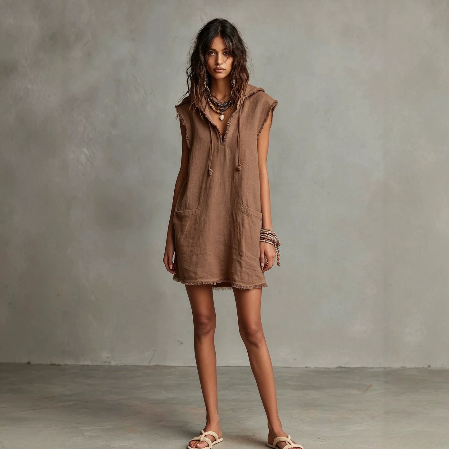 Women's Minimalist Linen Blended Mini Hooded Sleeveless Frayed Dress