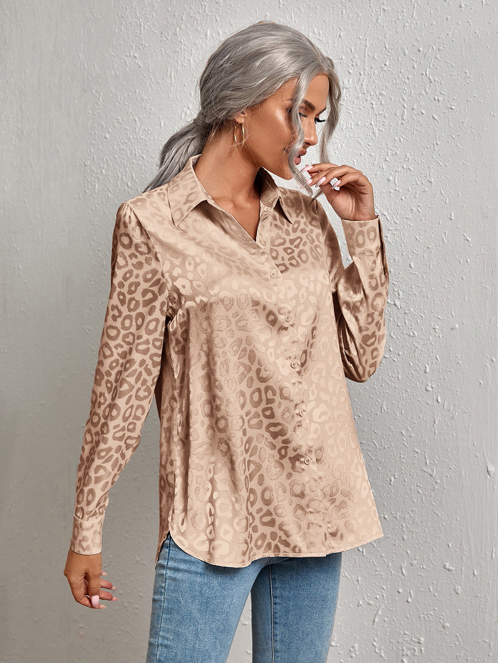 Women's Lapel Open Button Leopard Jacquard Shirt Temperament Blouses