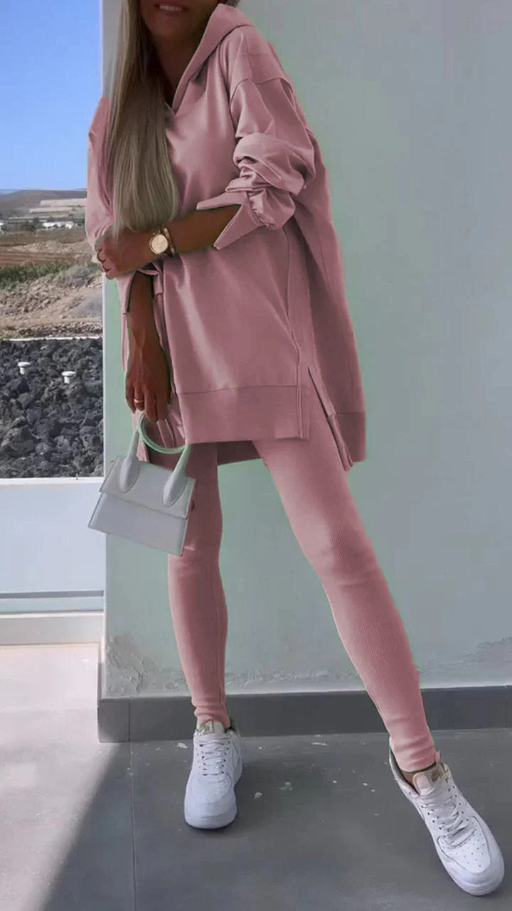 Women's Sports Casual Slit Hooded Tights Two-piece Suits