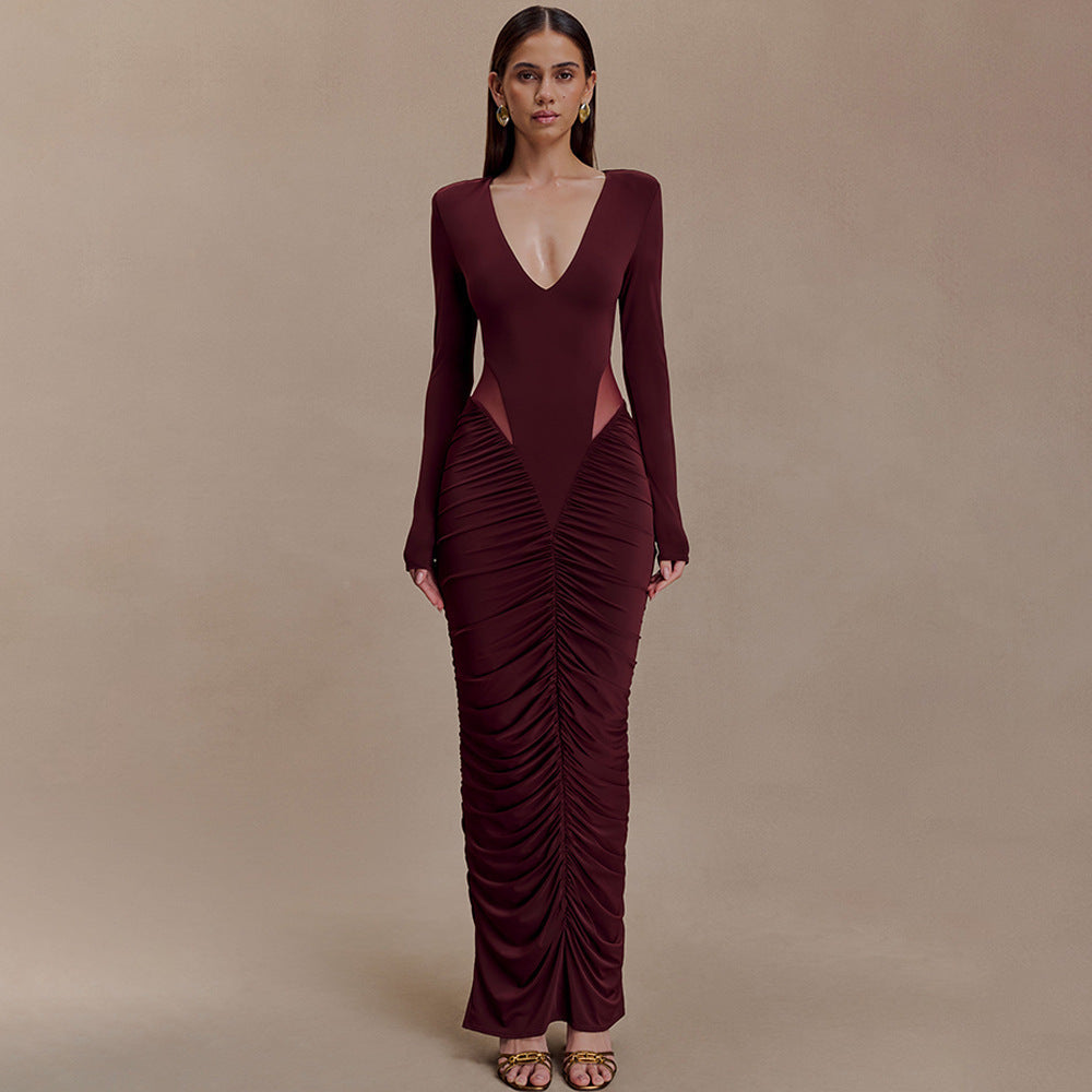 Women's Solid Color Deep Long Sleeve Sexy Dress