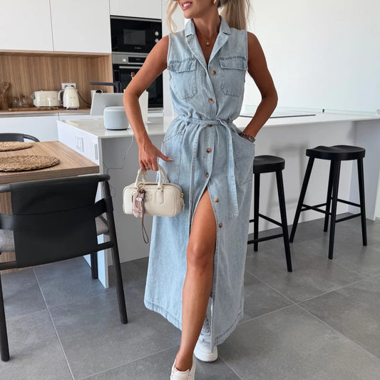 Sleeveless Long Tie Waist Single-breasted Denim Dresses