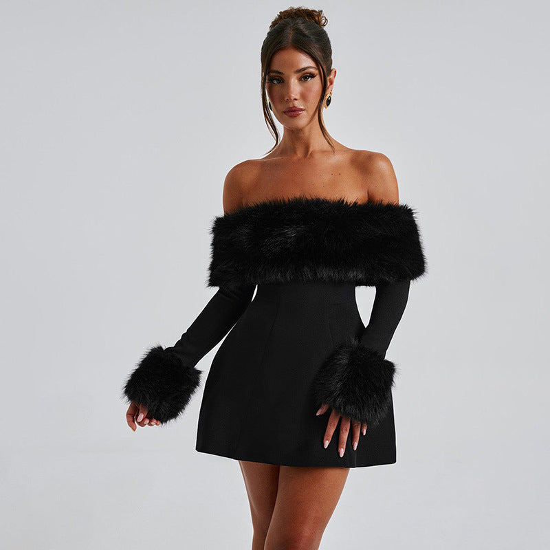Women's Fur Collar Sexy Long Sleeve Slim Fit Slimming Dress