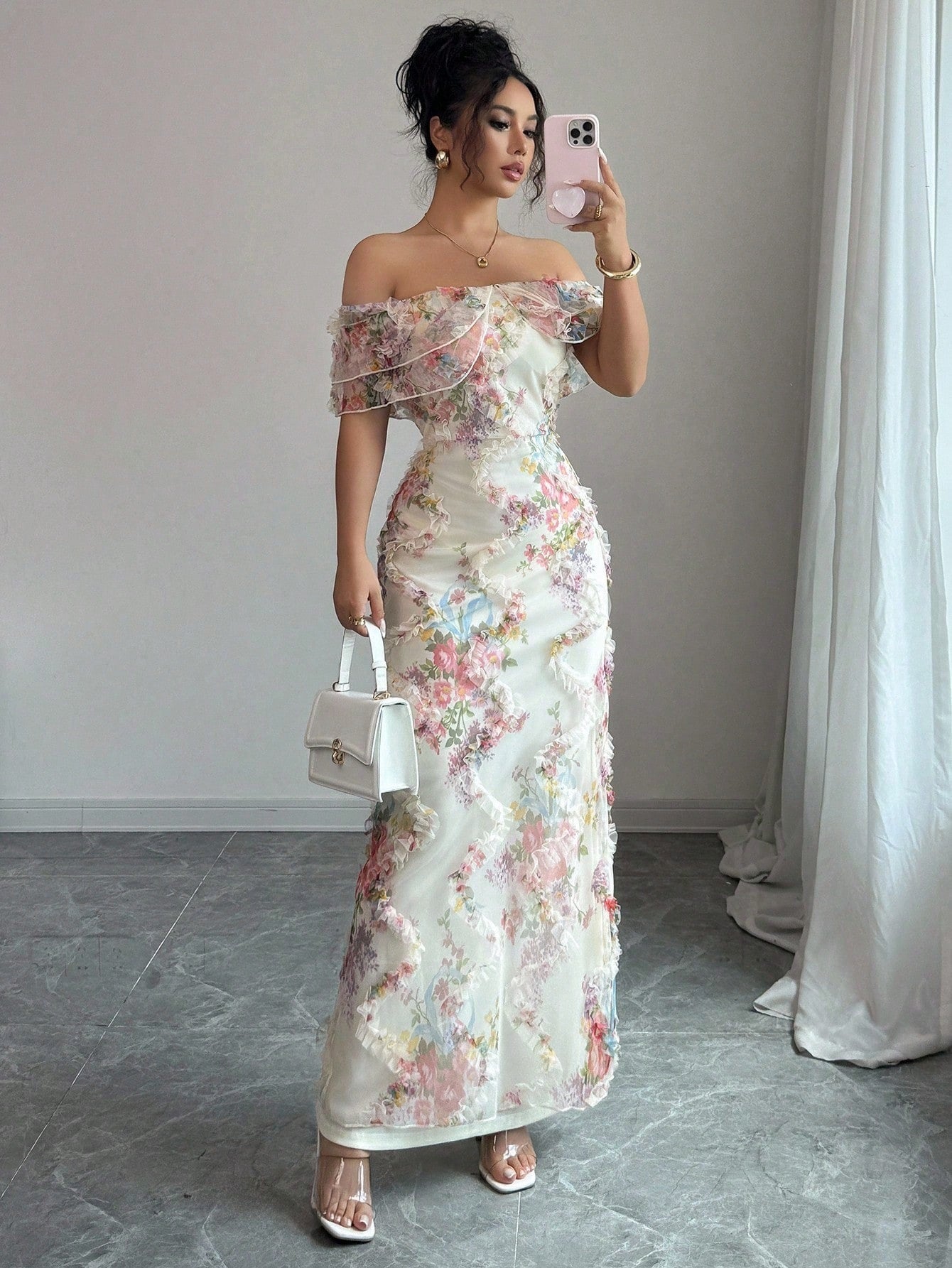 Women's Romantic Ruffled Cinched Mesh Floral Dress Dresses