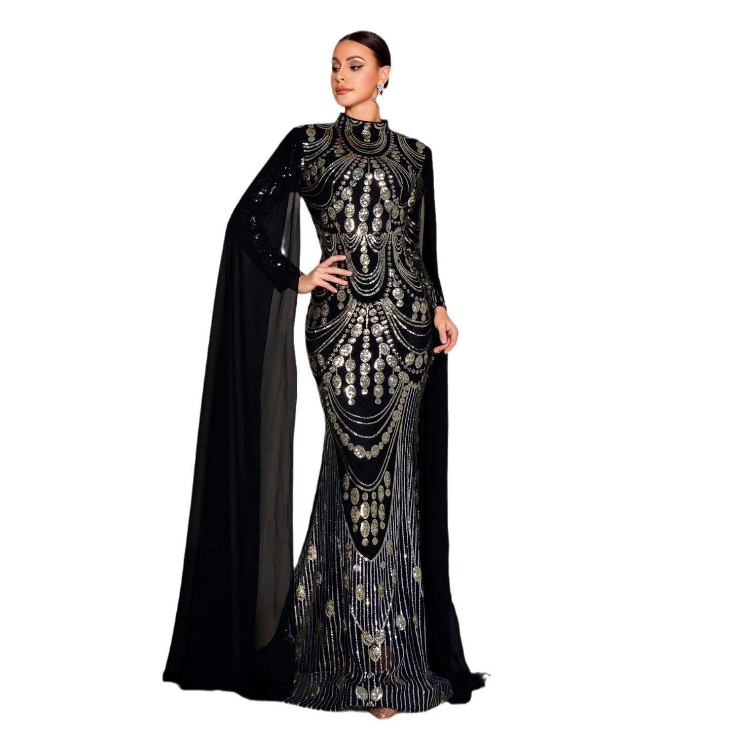 Women's Temperament Sexy Long Sequined Sleeve Round Dresses