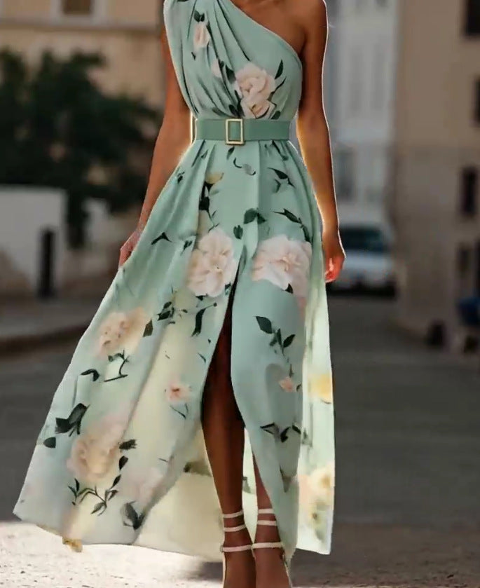 Women's Oblique Shoulder Digital Printing Sleeveless Belt Dresses