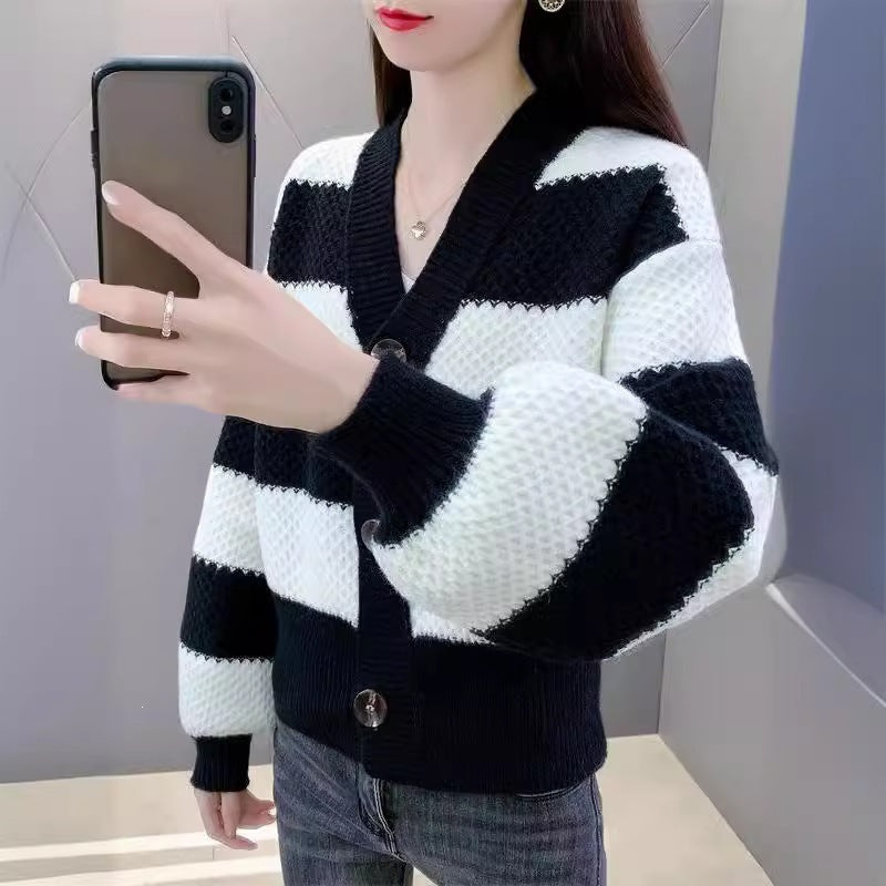 Women's Retro Mixed Color Stripe Knitted Fashion Classic Casual Women's Sweater