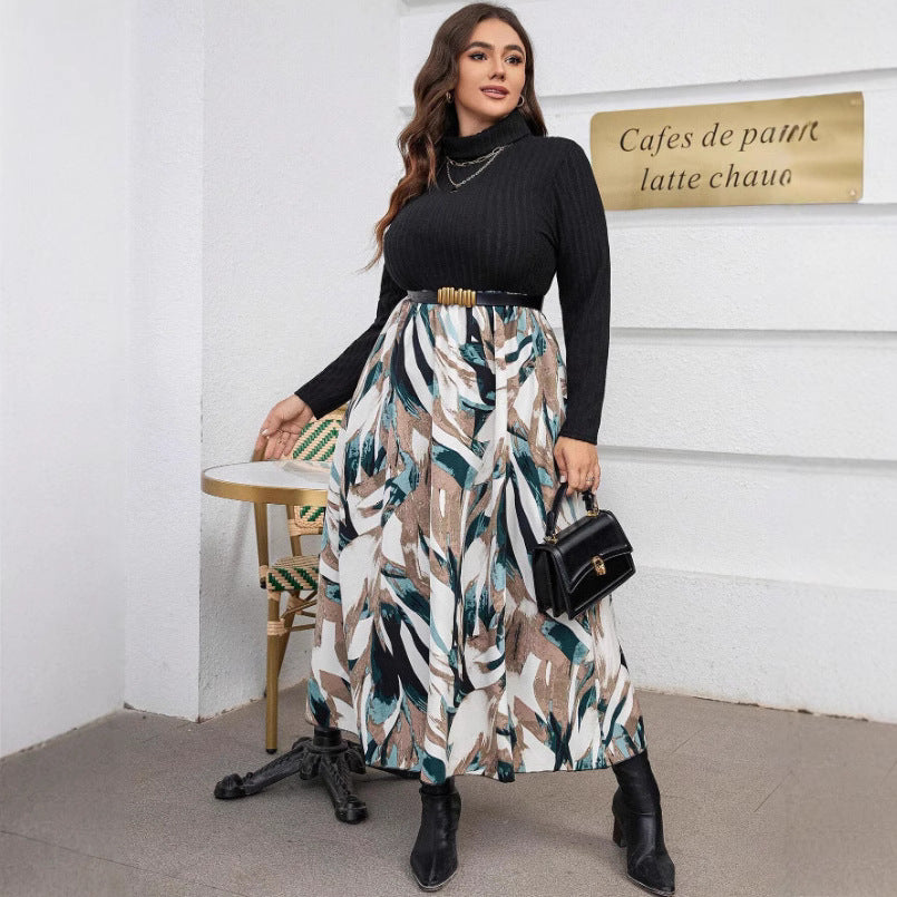 Women's Long Dress Multicolor Printing Turtleneck Fat Dresses