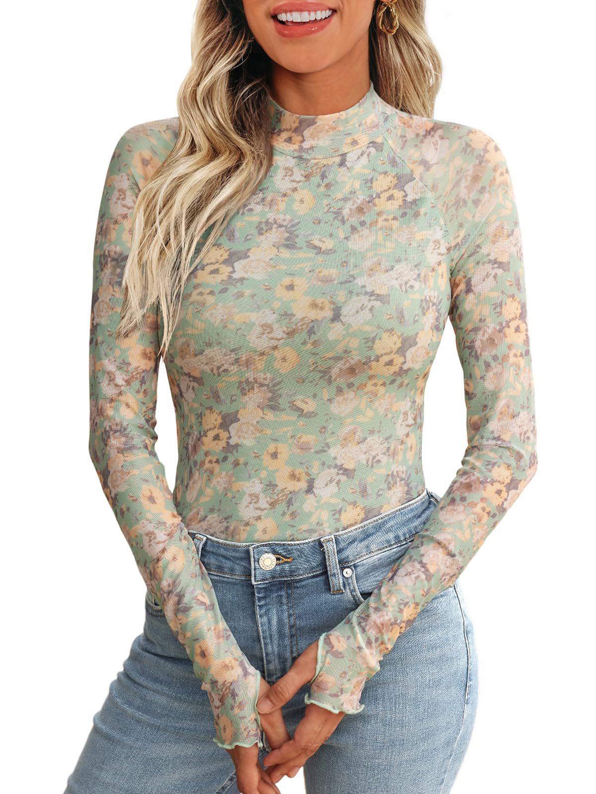 Mesh Round Neck Long Sleeve With Blouses