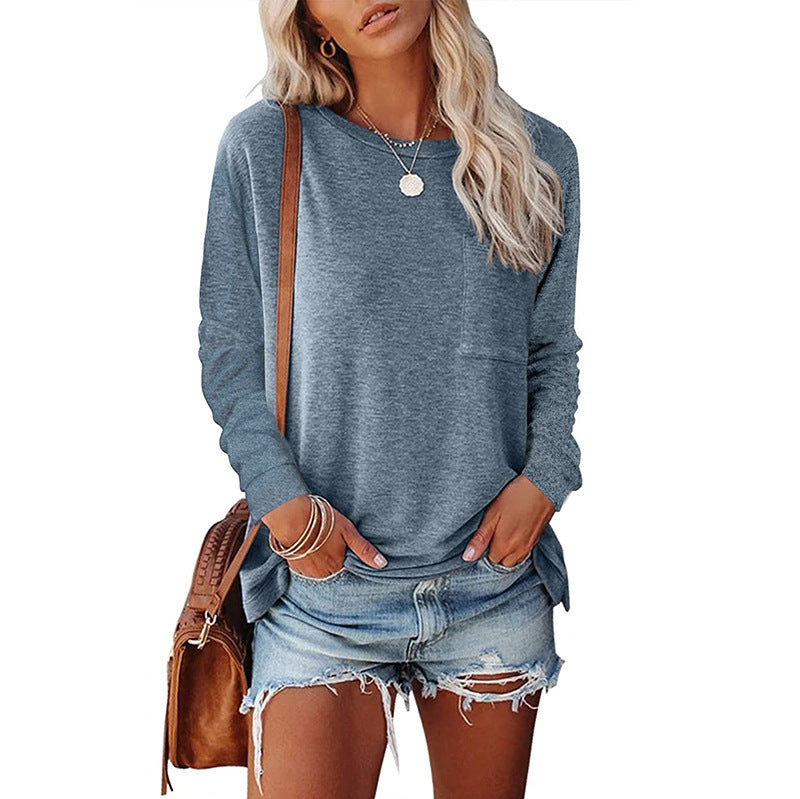 Women's Neck Pocket Split Long Sleeve Casual Tops
