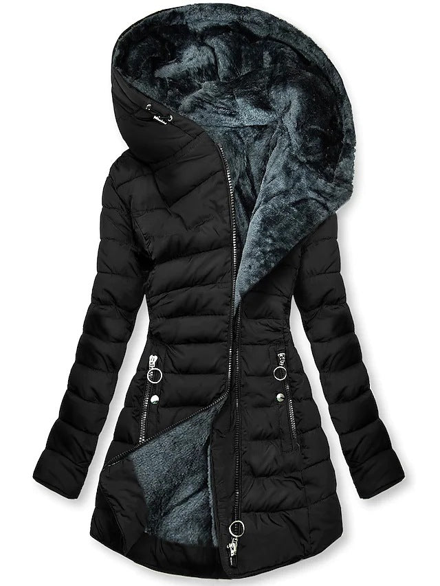 Women's Plush Hooded Mid-length Oblique Zipper Coats
