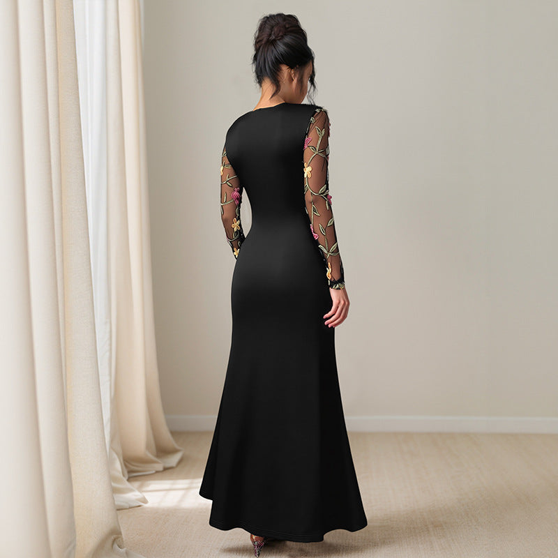 Women's Retro Temperament Crew Neck Mesh Embroidery Dresses