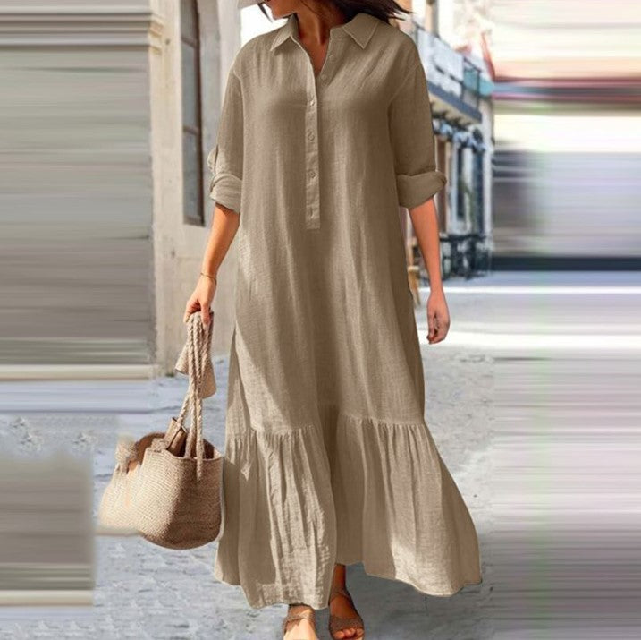 Long Irregular Shirt Collar Button Casual Dress