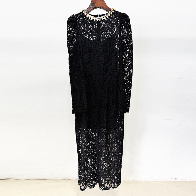 Graceful Fashion Bead Long-sleeved Water-soluble Lace Dress