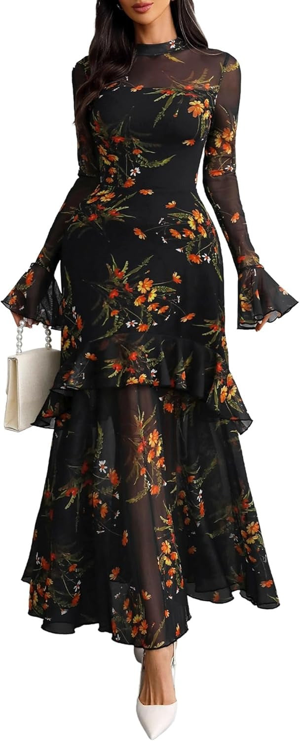 Women's Printed Black Ruffle Sleeve Plant Floral Print Dress