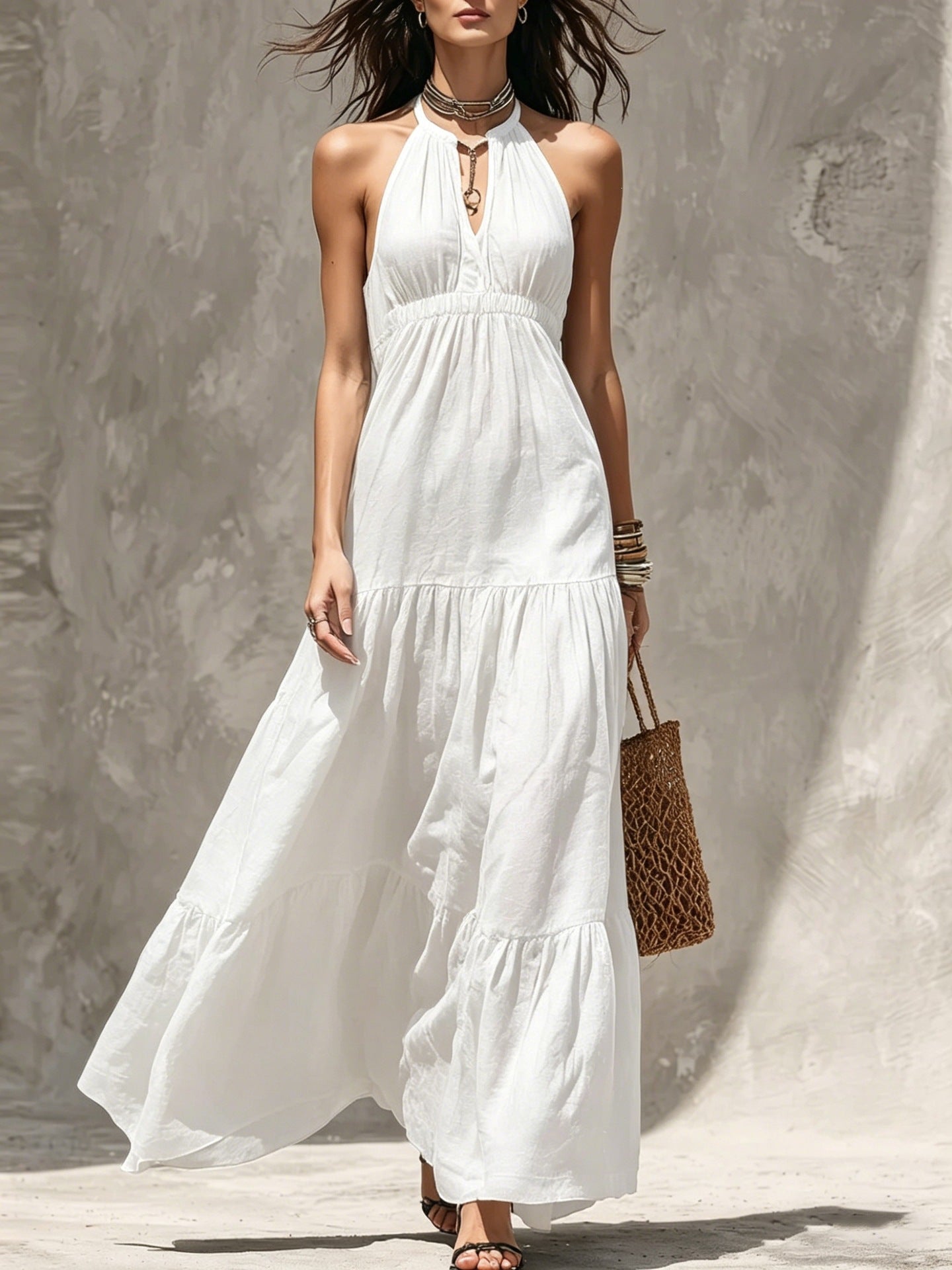 Women's High Waist Stitching Cotton Linen Holiday Dress