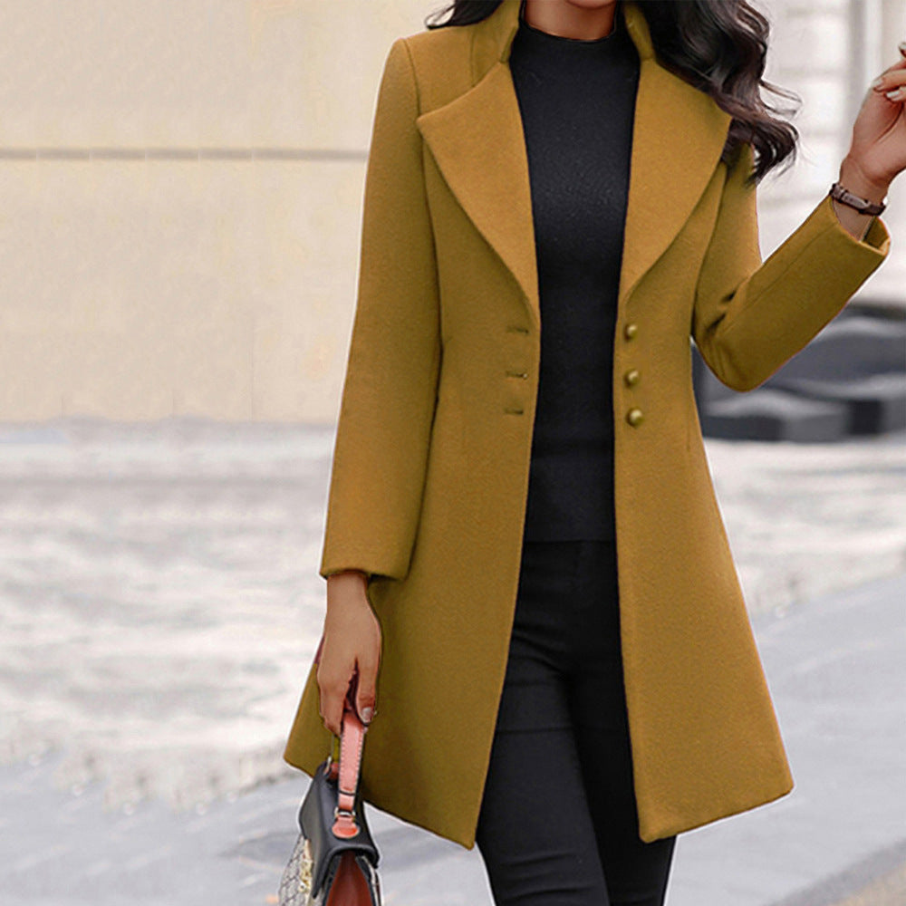 Women's Elegant Mid-length Single-breasted Slim Lapel Woolen Coats