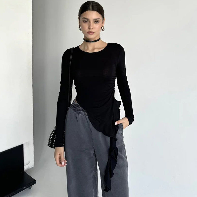 Women's Autumn Solid Color Round Tie Ruffled Blouses