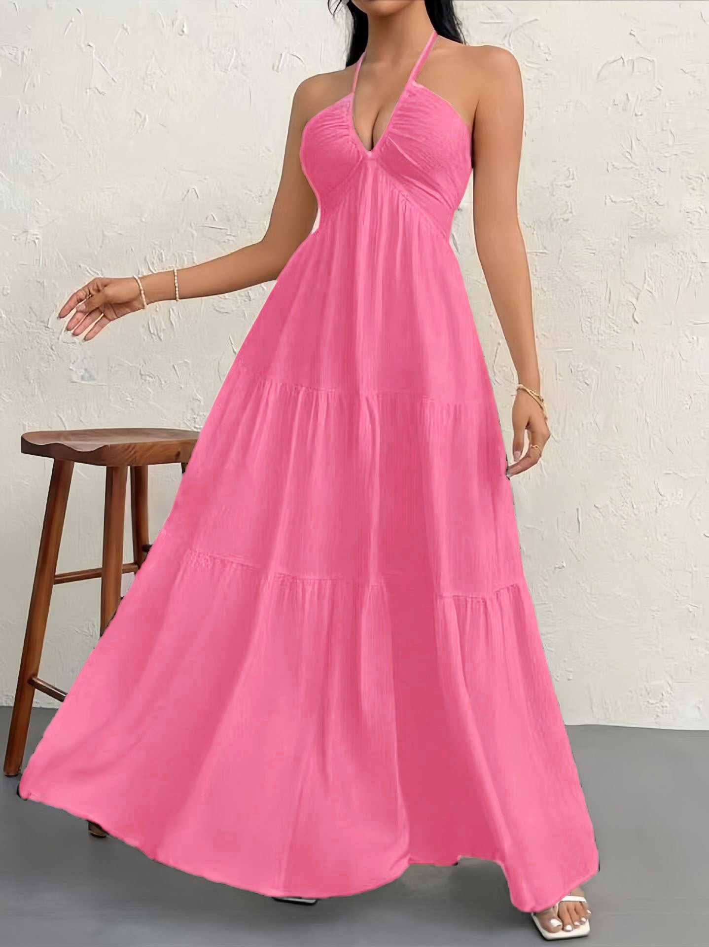 Women's V Shoulder Bohemian Style Belt Festival Dress