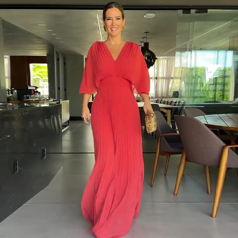 Women's Color Pleated Bat Sleeve High Waist Big Swing Long Dresses
