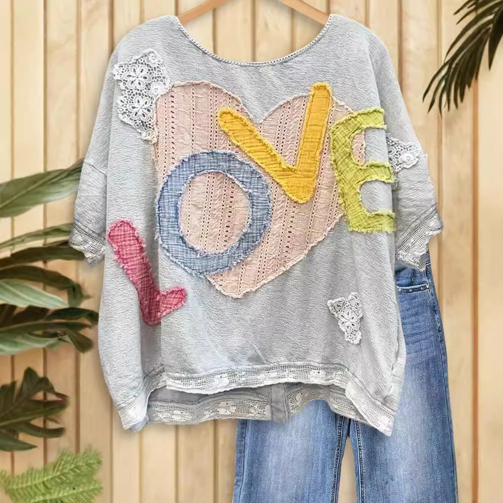 Letter Heart-shaped Lace Affixed Cloth Embroidered Tops