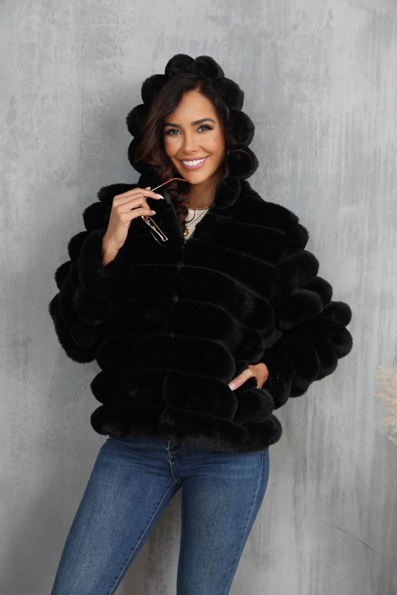 Women's Striped Hooded Imitation Fur Cropped Plush Coats