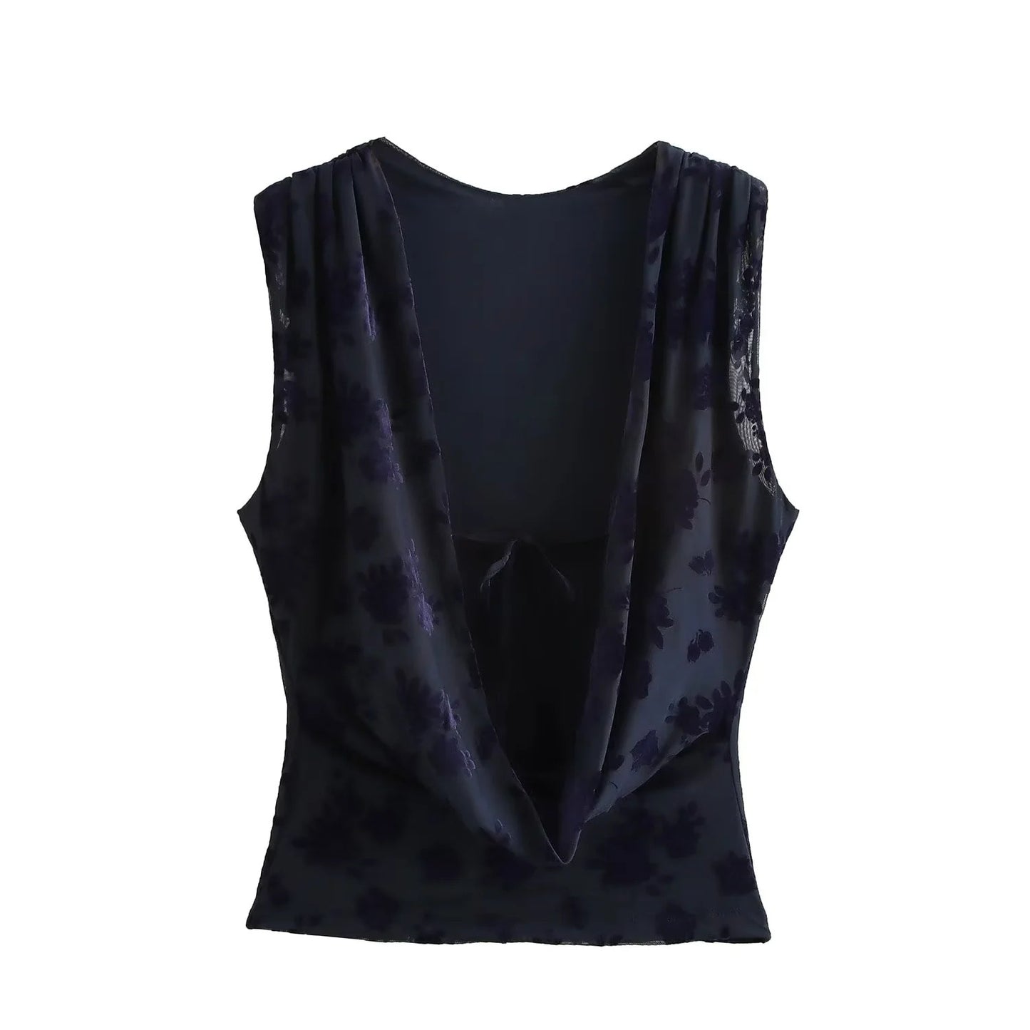 Women's Spring Clothes Backless Flocking Silk Net Tops