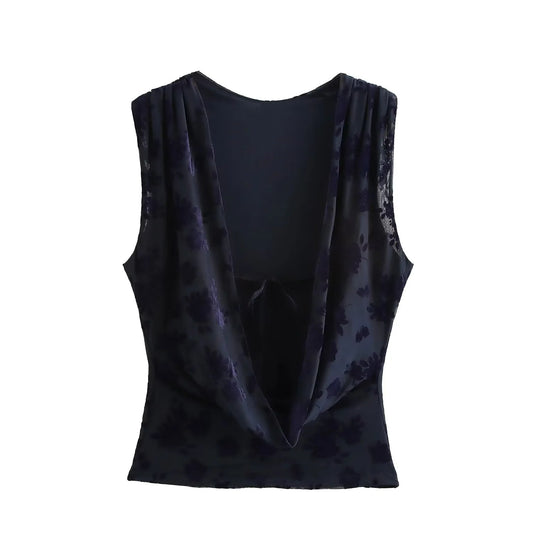 Women's Spring Clothes Backless Flocking Silk Net Tops