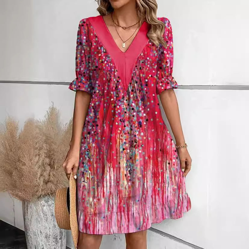 Women's Stitching Printed Ruffle Sleeve Fashionable Elegant Dress