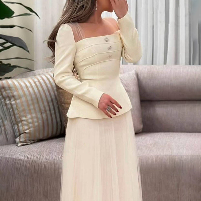 Women's Fashion Square Collar Gauzy Stitching High Suits