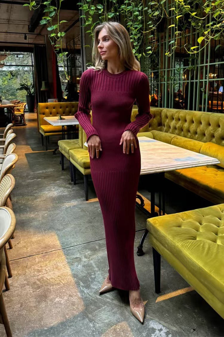 Women's Long Sleeve Dress Knitted Round Neck Sunken Stripe Dresses