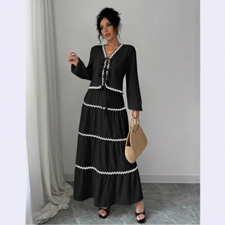 Women's Lace Layered Pleated Lantern Sleeve Bow Suits