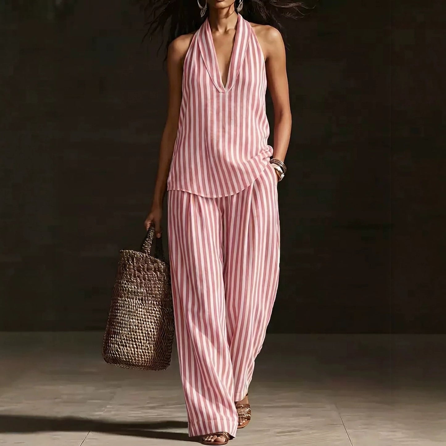 Striped Halter Sleeveless Cotton Linen Two-piece Fashion Casual Suit