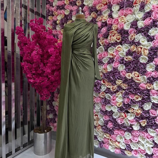 Women's Elegant Irregular Pleated Slim Green Dress Dresses