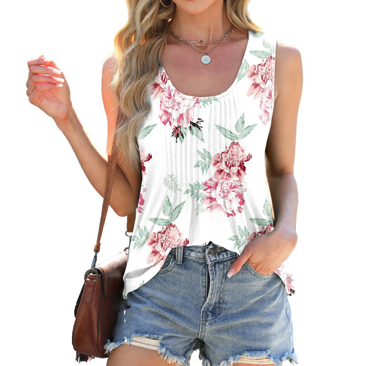 Women's Round Neck Printed Loose Sleeveless T-shirt Blouses