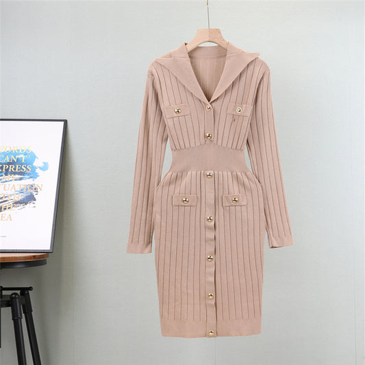 Women's Temperament Long-term Polo Collar Solid Color Dress