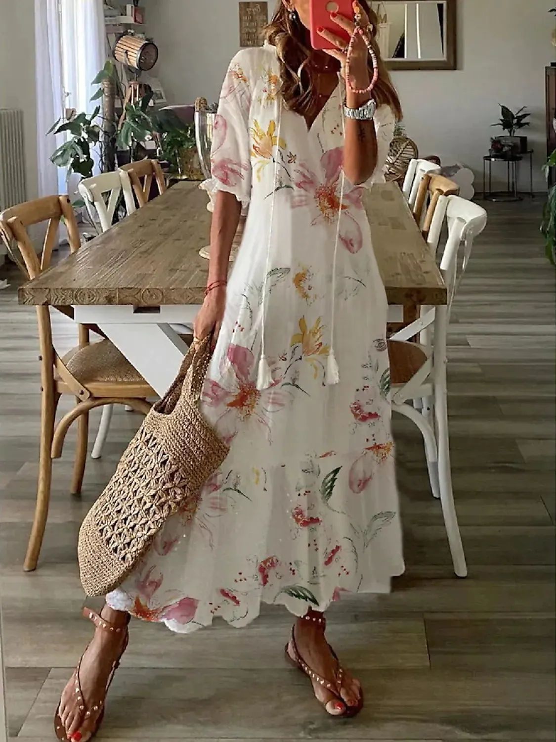 Women's Casual Sweet Loose Printed Tassel Long Dresses