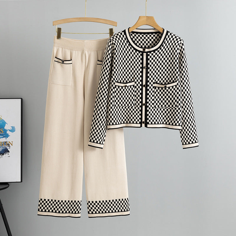Women's Plaid Fashion Casual Knitted Two-piece Suits
