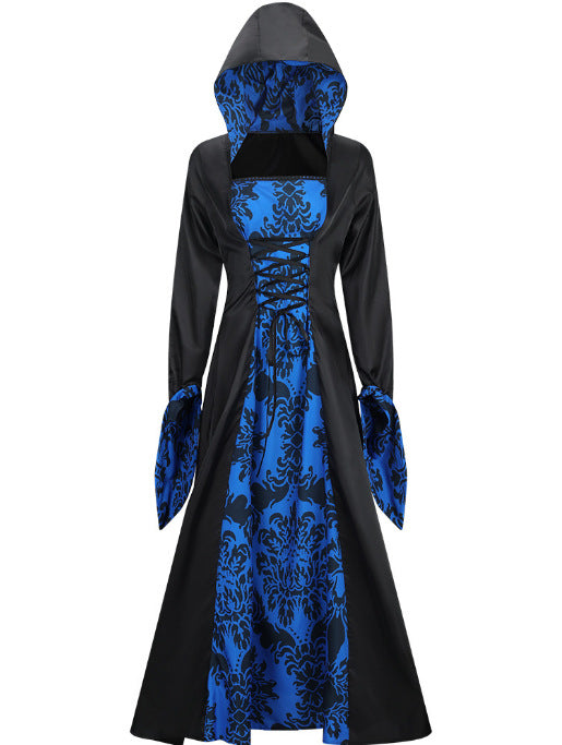 Retro Palace Style Long Sleeve Hooded Wide Hem Printed Dress