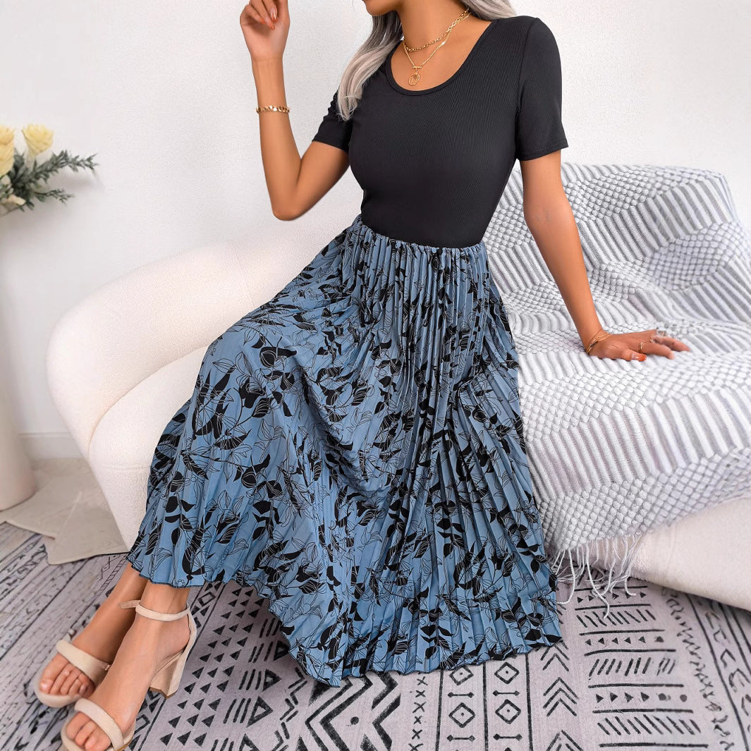Women's Wind Casual Leaves High Waist Pleated Dress