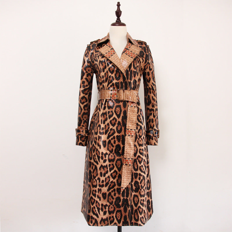 Women's Leopard Print Long Trench Goddess Sleeve Coats