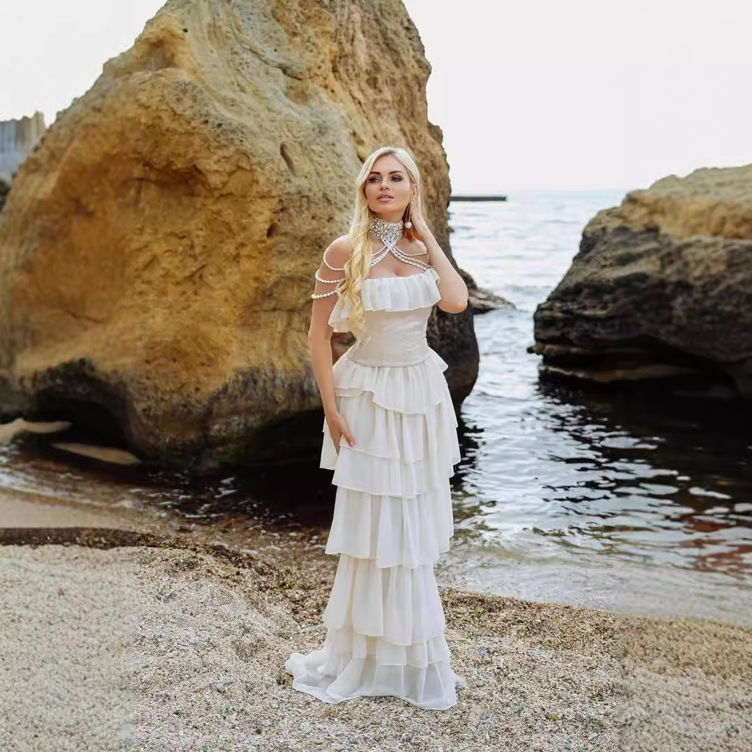Women's Chest Cover Chiffon Dress Two-piece Retro Dresses