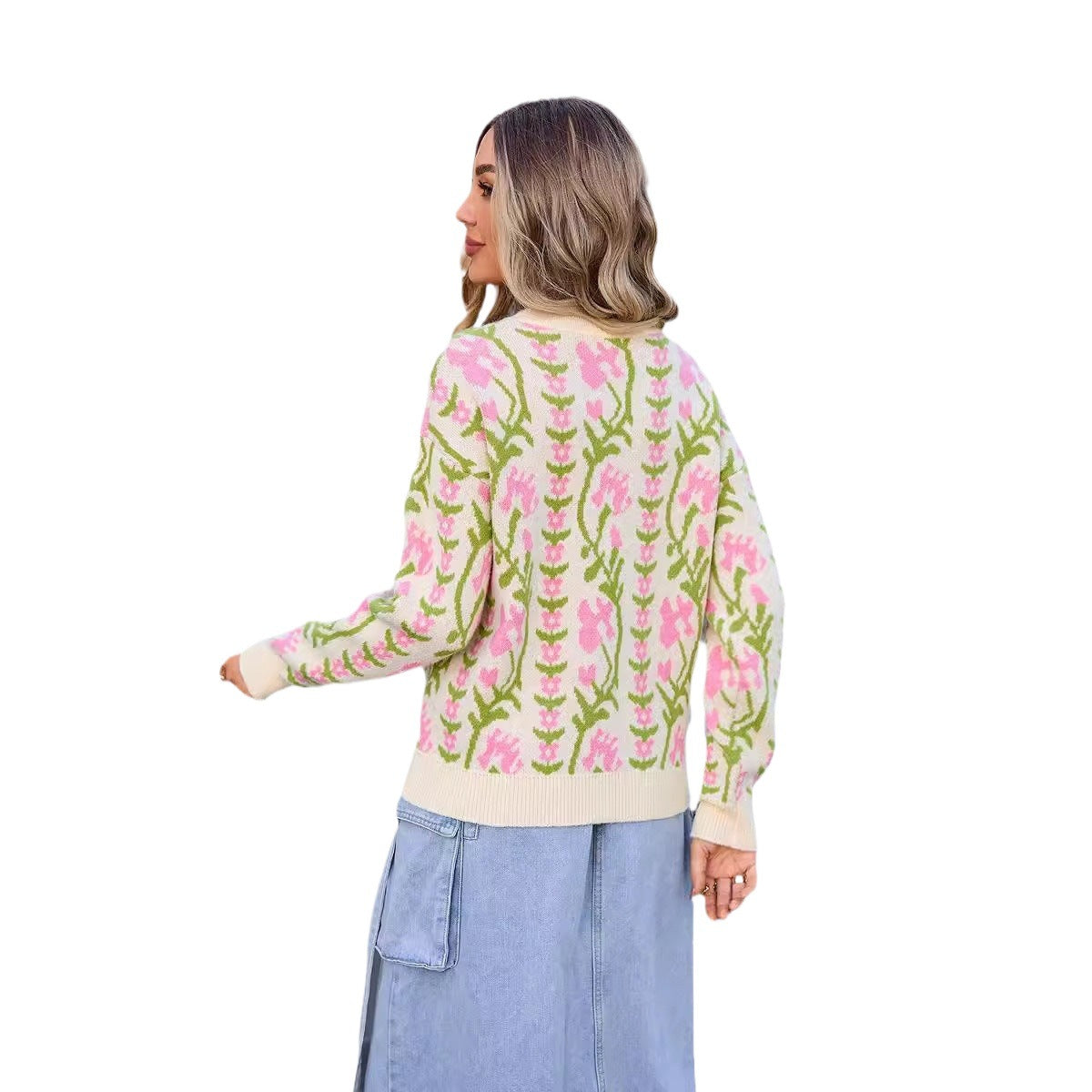 Women's Spring Jacquard Branch Round Neck Flower Knitted Sweaters