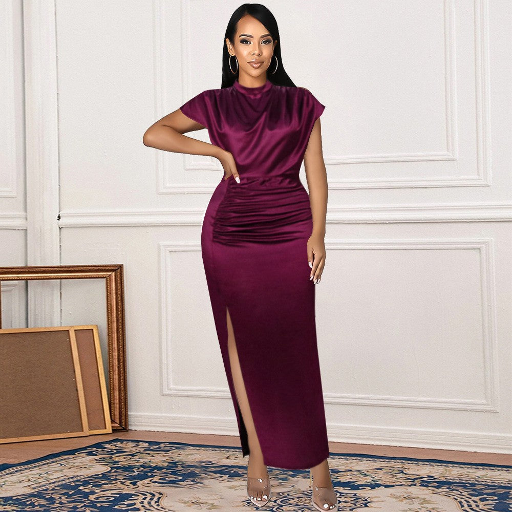 Turtleneck Satin Solid Color Slit Hemline Style Dress