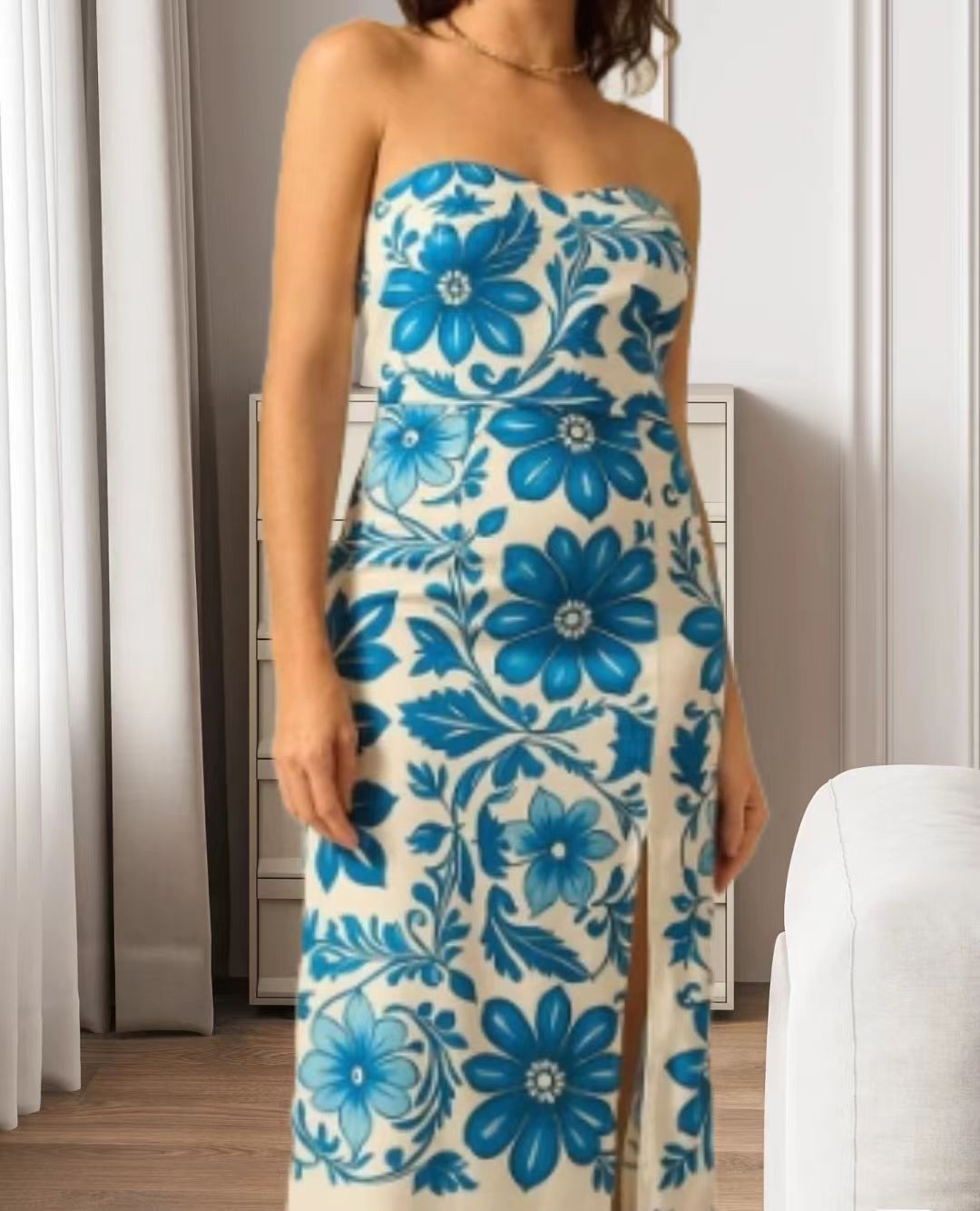Stylish Summer Printed Chest Wrap Slit Dress